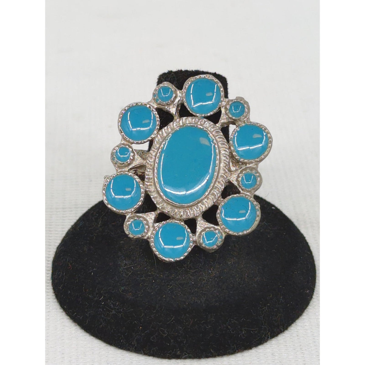Vintage Silver Tone Turquoise Cluster Ring Bohemian Southwestern Statement Y2K