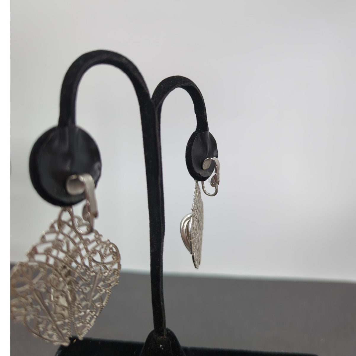 Whimsigoth Silver Filigree Shield Drop Clip On Earrings Coquette Vintage