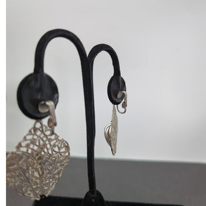 Whimsigoth Silver Filigree Shield Drop Clip On Earrings Coquette Vintage