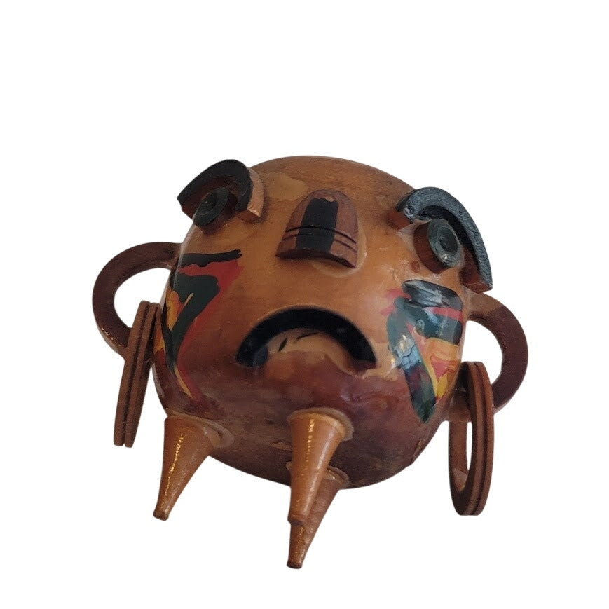 Vintage Unusual Handmade Folk Art HandPainted Warrior Face Wooden Mini Vase