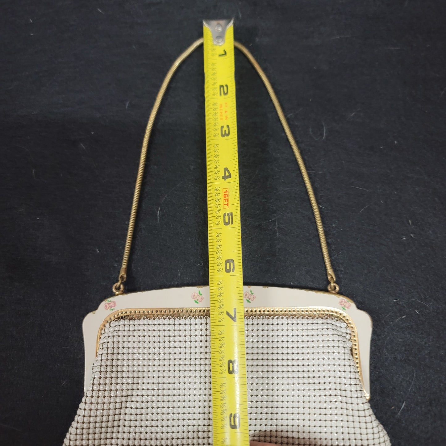 Vintage OROTON made Germany metal mesh purse handbag floral kiss clasp cream