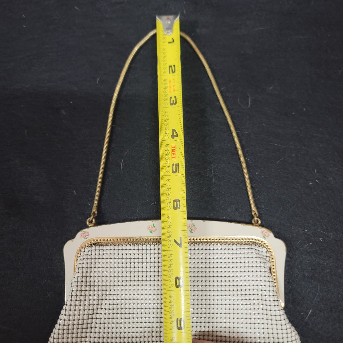 Vintage OROTON made Germany metal mesh purse handbag floral kiss clasp cream