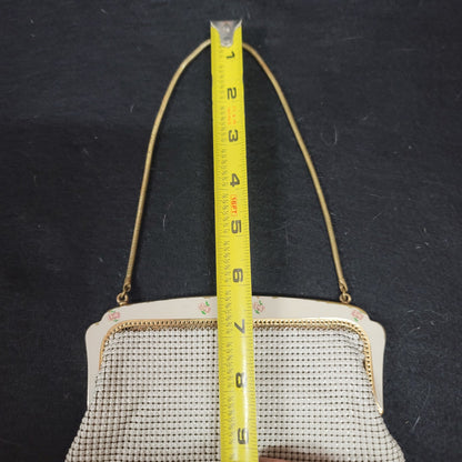 Vintage OROTON made Germany metal mesh purse handbag floral kiss clasp cream