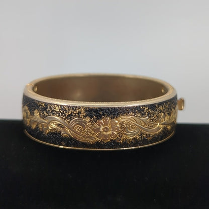 Vintage Fashion BRACELET Spanish Damascene Gold and Black Hinged Bangle