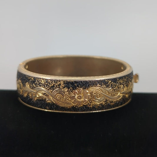 Vintage Fashion BRACELET Spanish Damascene Gold and Black Hinged Bangle