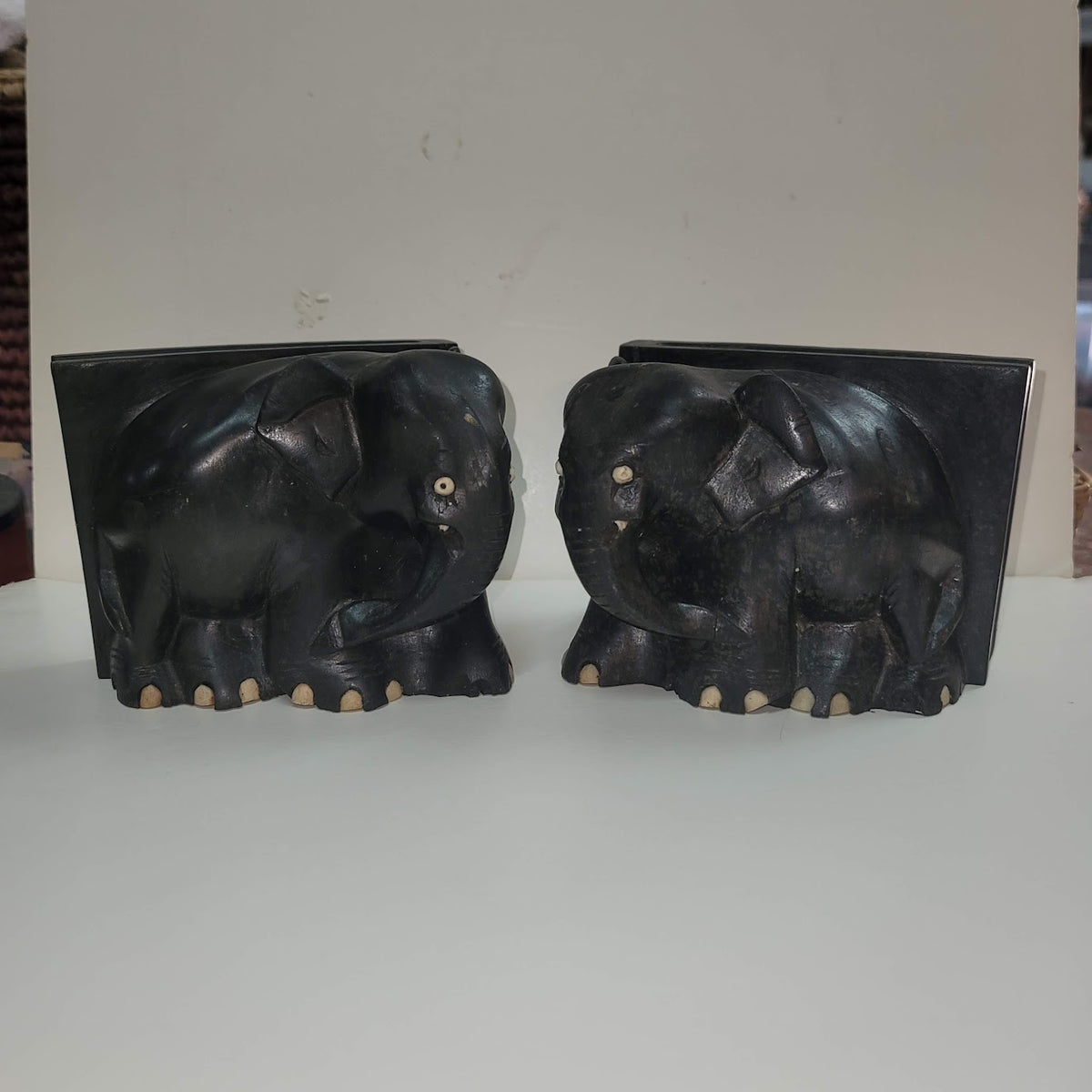 Vintage Elephant Bookends Hand Carved Wooden Ebony wood Bone Accents