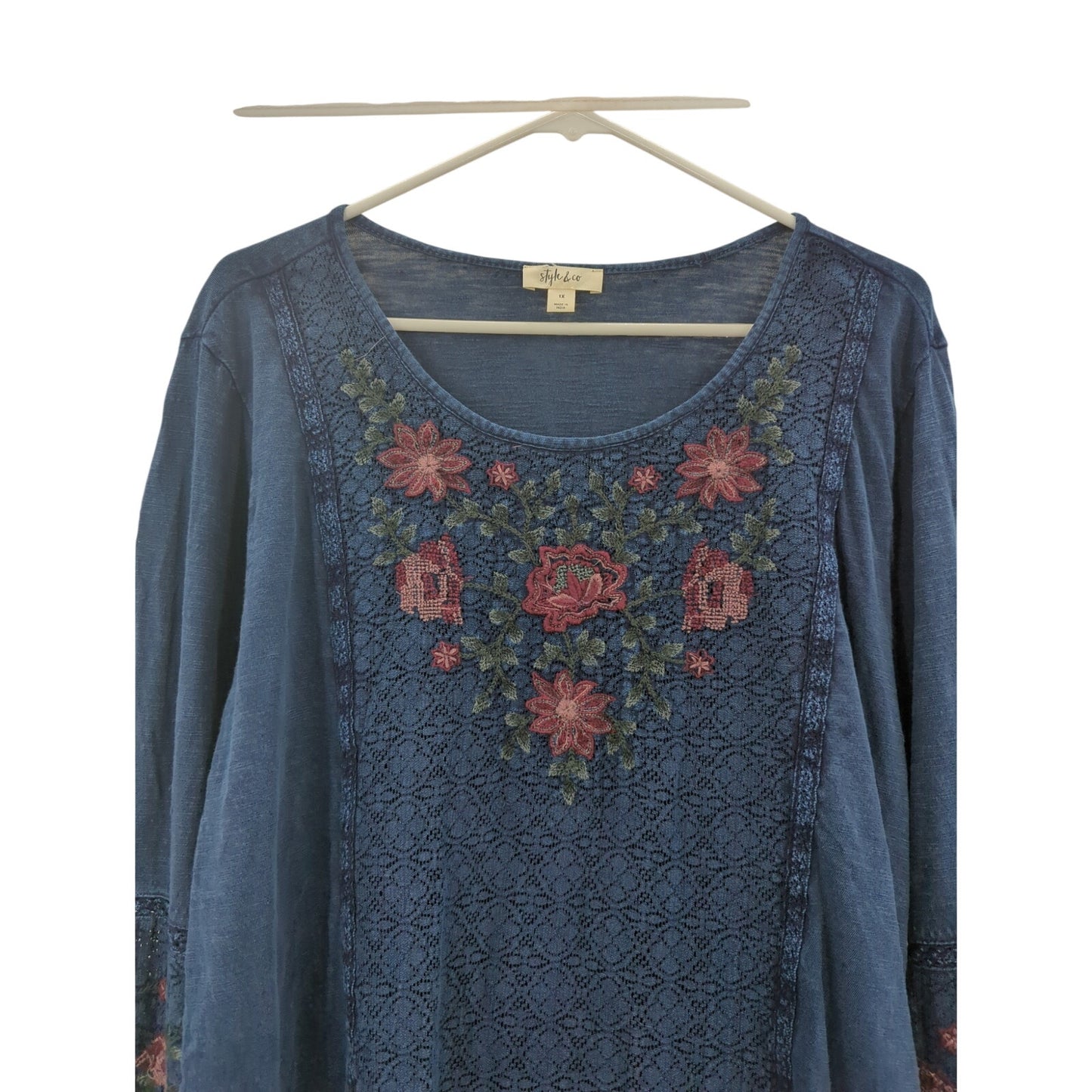 Style & Co Blue Embroidery Boho Blouse Size 1X