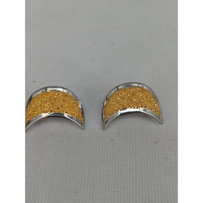 Vintage 90s Two Tone Gold Glitter Crescent Moon Clip On Statement Earrings