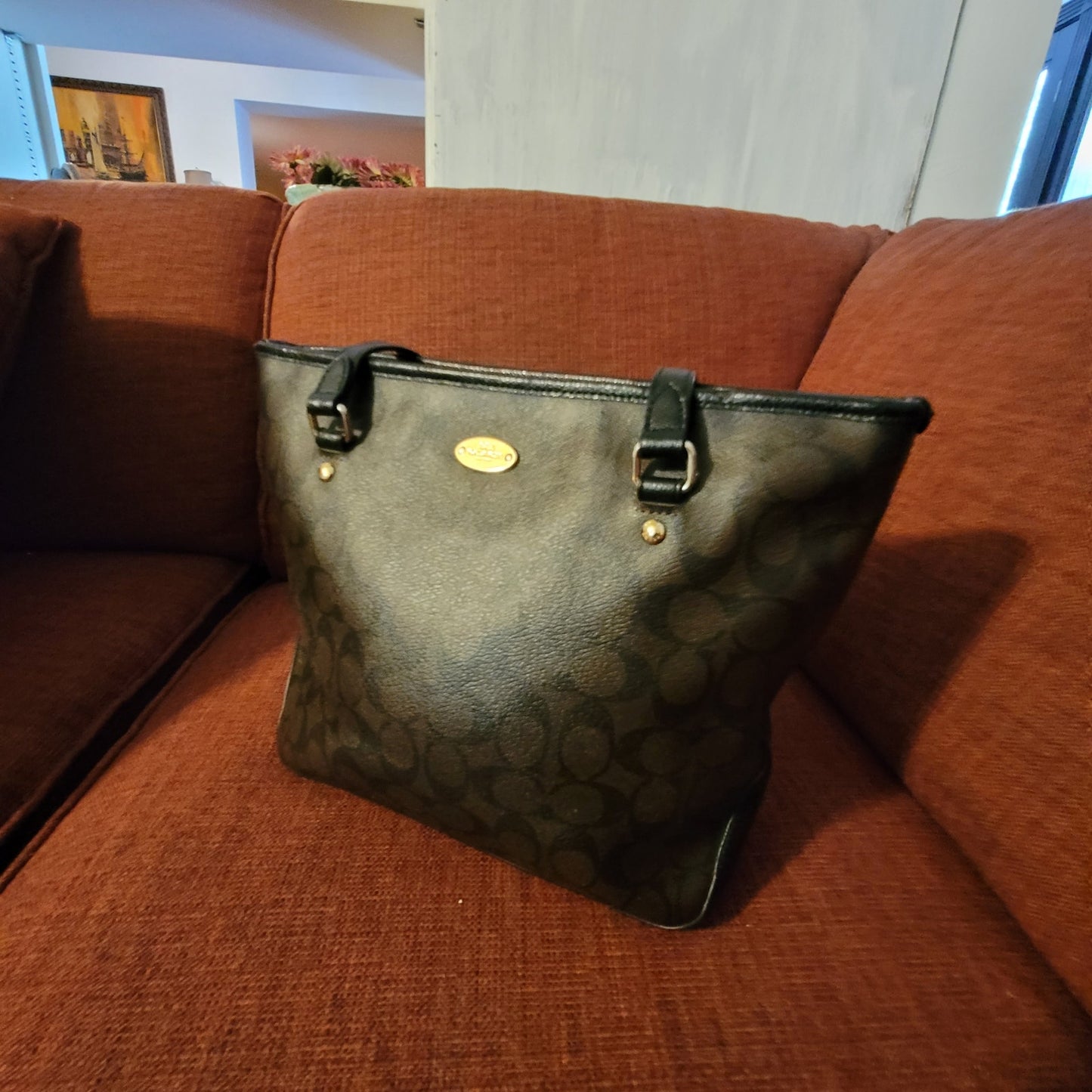Coach Signature C Brown Gallery Coated Canvas Trim Tote Shoulder Bag Handbag