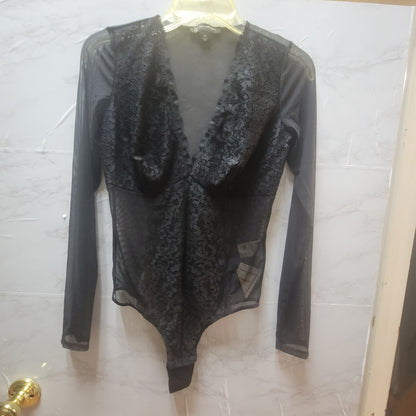 INC International Concepts Black Lace Sheer Mesh Long Sleeve Bodysuit Medium