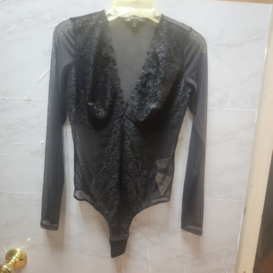 INC International Concepts Black Lace Sheer Mesh Long Sleeve Bodysuit Medium