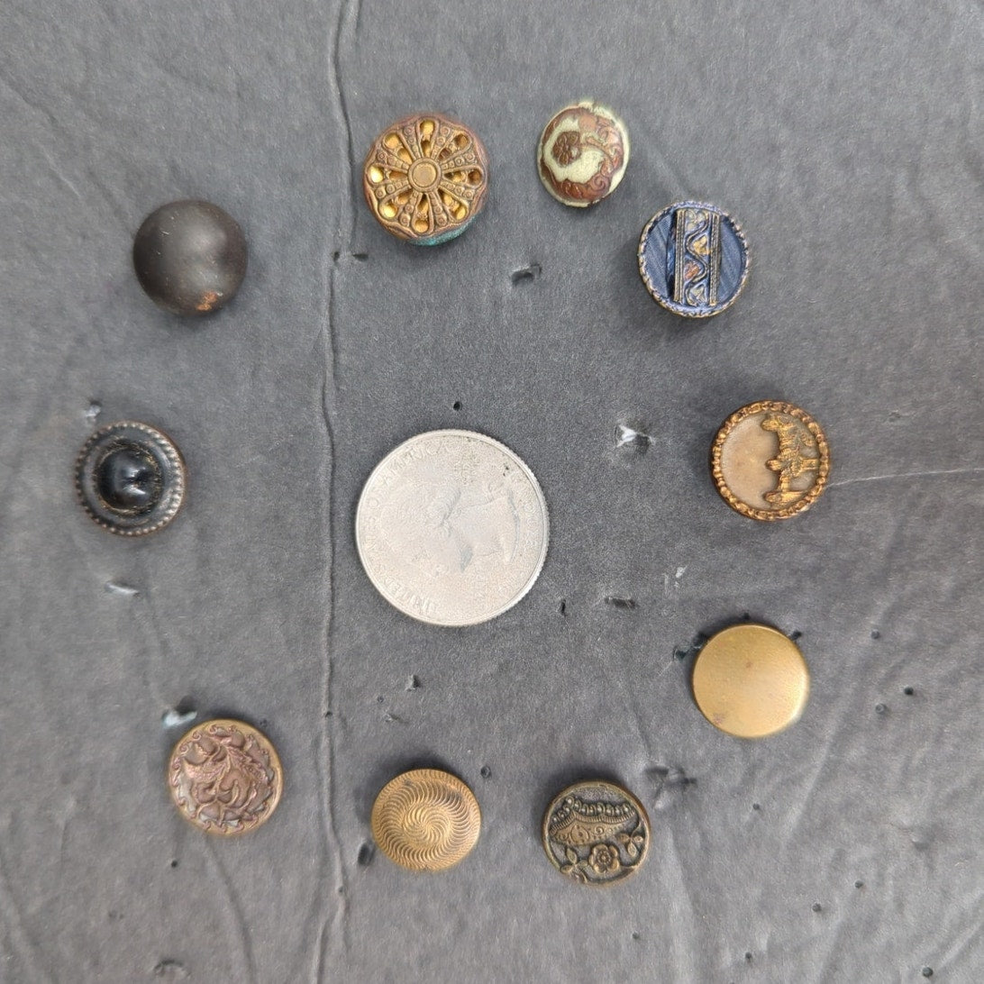 LOT C of 10 Antique Vintage Victorian Brass Mixed Materials Buttons ESTATE FIND