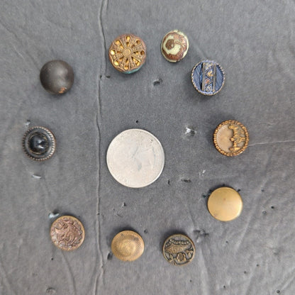 LOT C of 10 Antique Vintage Victorian Brass Mixed Materials Buttons ESTATE FIND