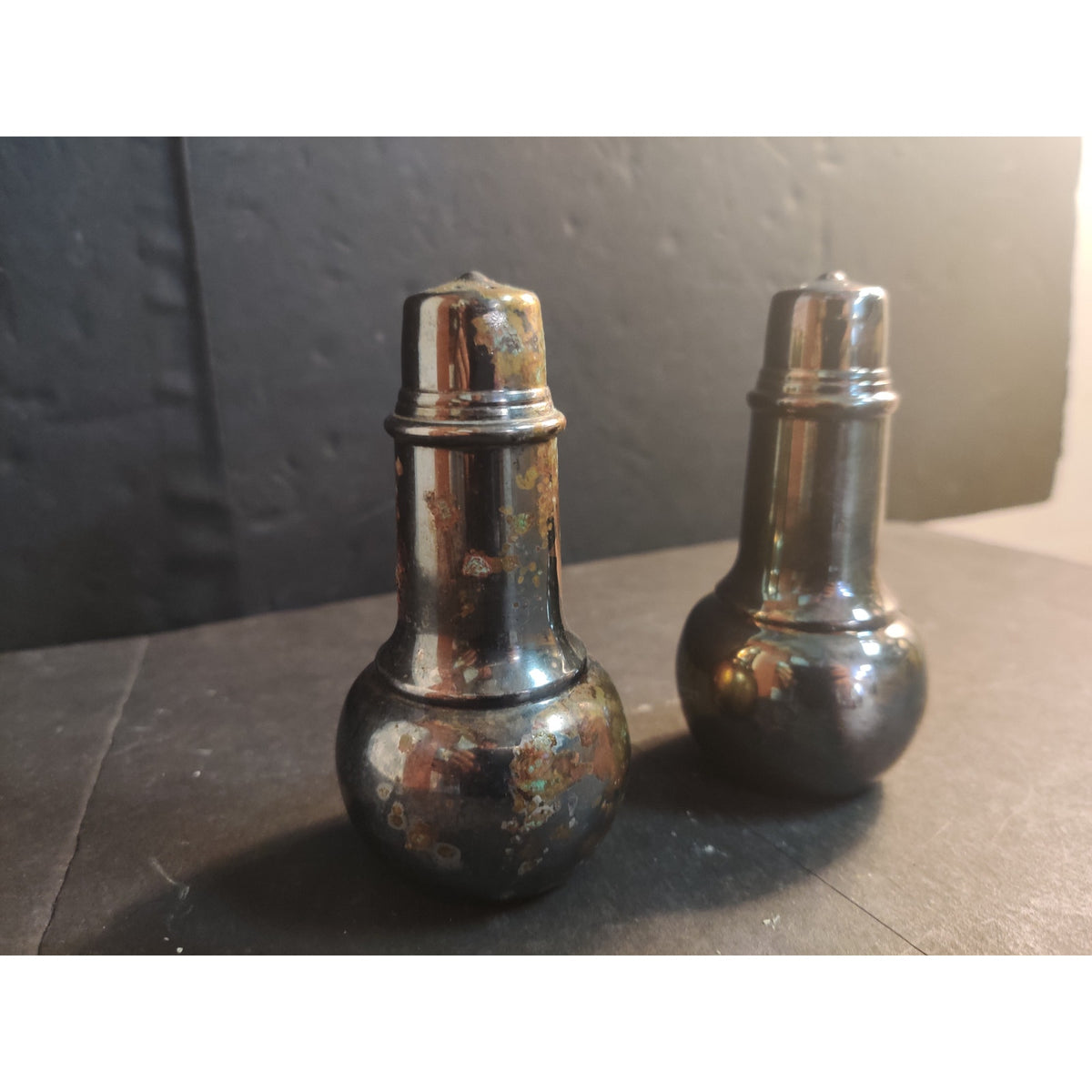 Vintage Metal Salt And Pepper Shakers Pair Tarnished No Stoppers