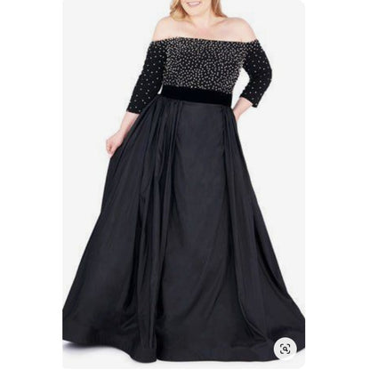 Mac Duggal 66814F Black Formal Gown Size 14W Pearl Detail NEW velvet waist pouf