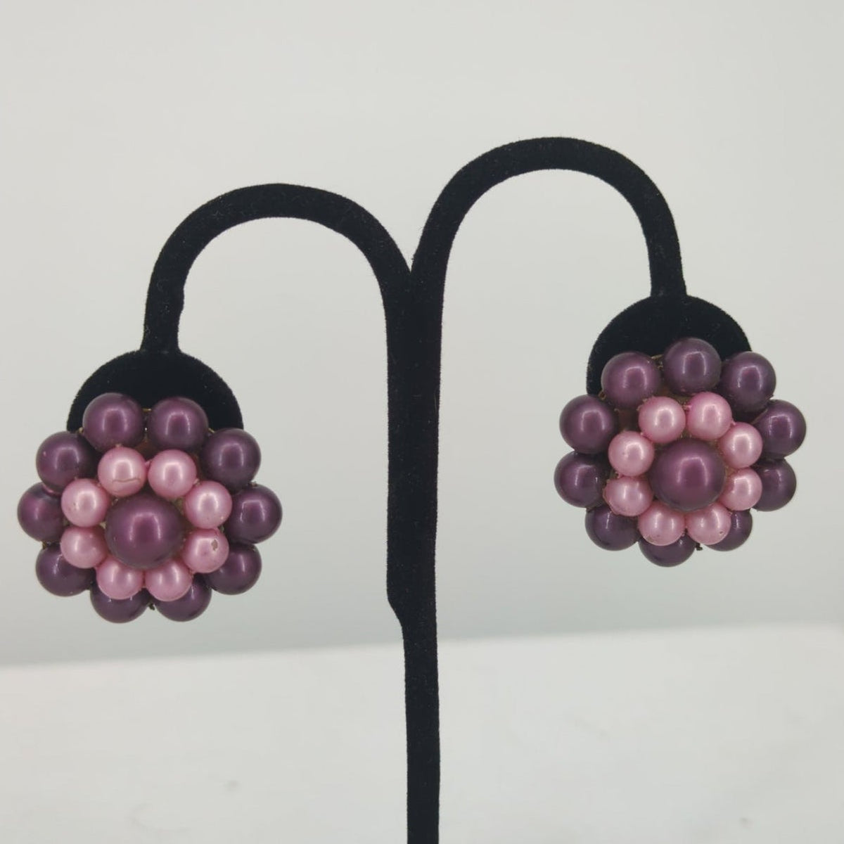 Vintage Two Tone Purple Pink Faux Pearl Cluster Clip On Earrings Mid Century