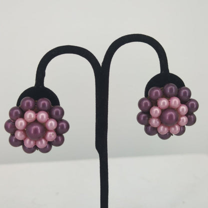 Vintage Two Tone Purple Pink Faux Pearl Cluster Clip On Earrings Mid Century