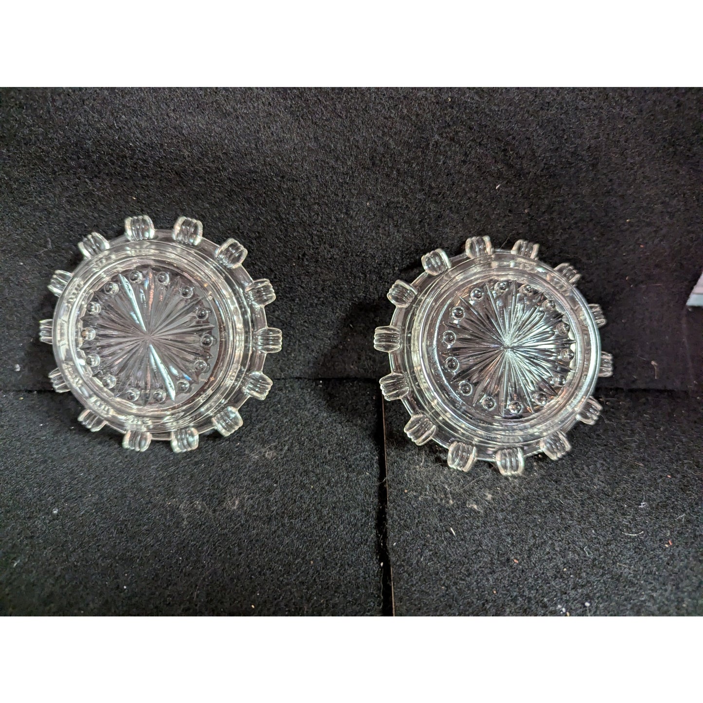 Vintage Federal Glass Clear Sunburst Starburst Coasters / Trinket Dishes - Pair