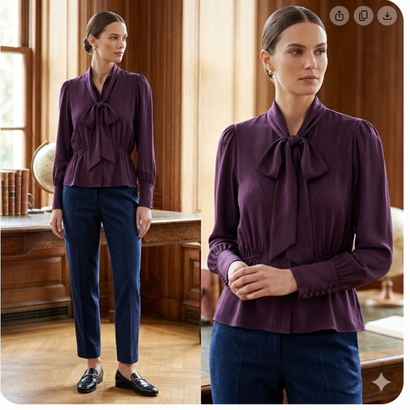 Vintage Albert Nipon Plum Purple Tie-Neck Secretary Blouse Pleated Peplum Sz 12