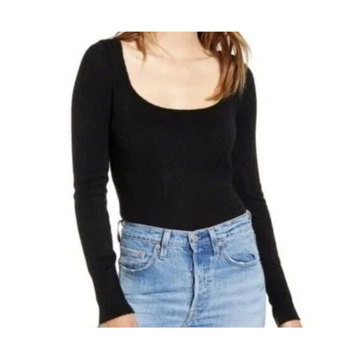 Leith Double Scoop Neck Long Sleeve Bodysuit Size MEDIUM in Black NWT