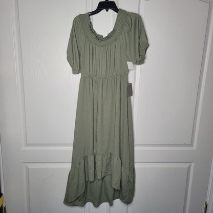 NEW Superfoxx Size Large Sage Green Midi Peasant Dress Off Shoulder Short Sleeve