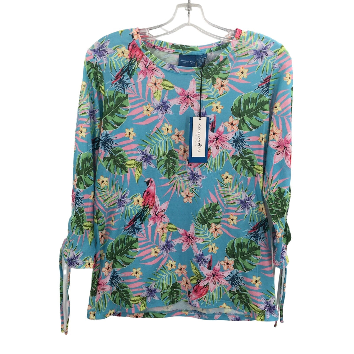 Caribbean Joe Tropical Pullover Top 3/4 Sleeve Crew Parrot floral Small SPRING