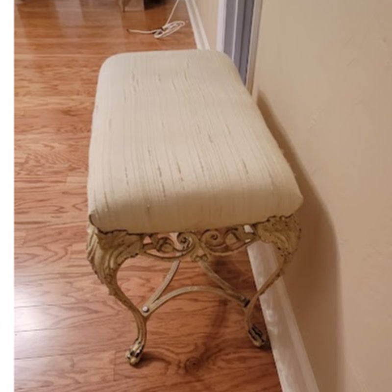 Secondhand Sandies: Vintage Ornate Cast Iron Vanity Bench with Cream Fabric Cushion