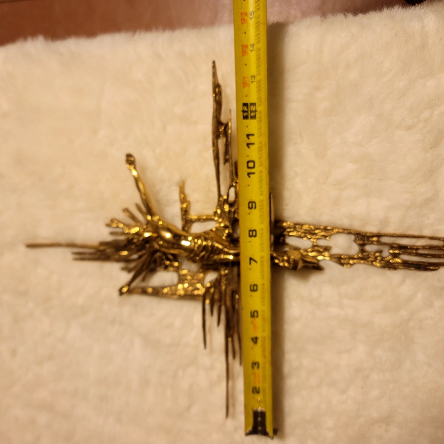 Brutalist crucifix religious wall sculpture goldtone Jesus on Cross Spain Bronze