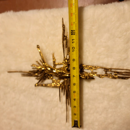 Brutalist crucifix religious wall sculpture goldtone Jesus on Cross Spain Bronze