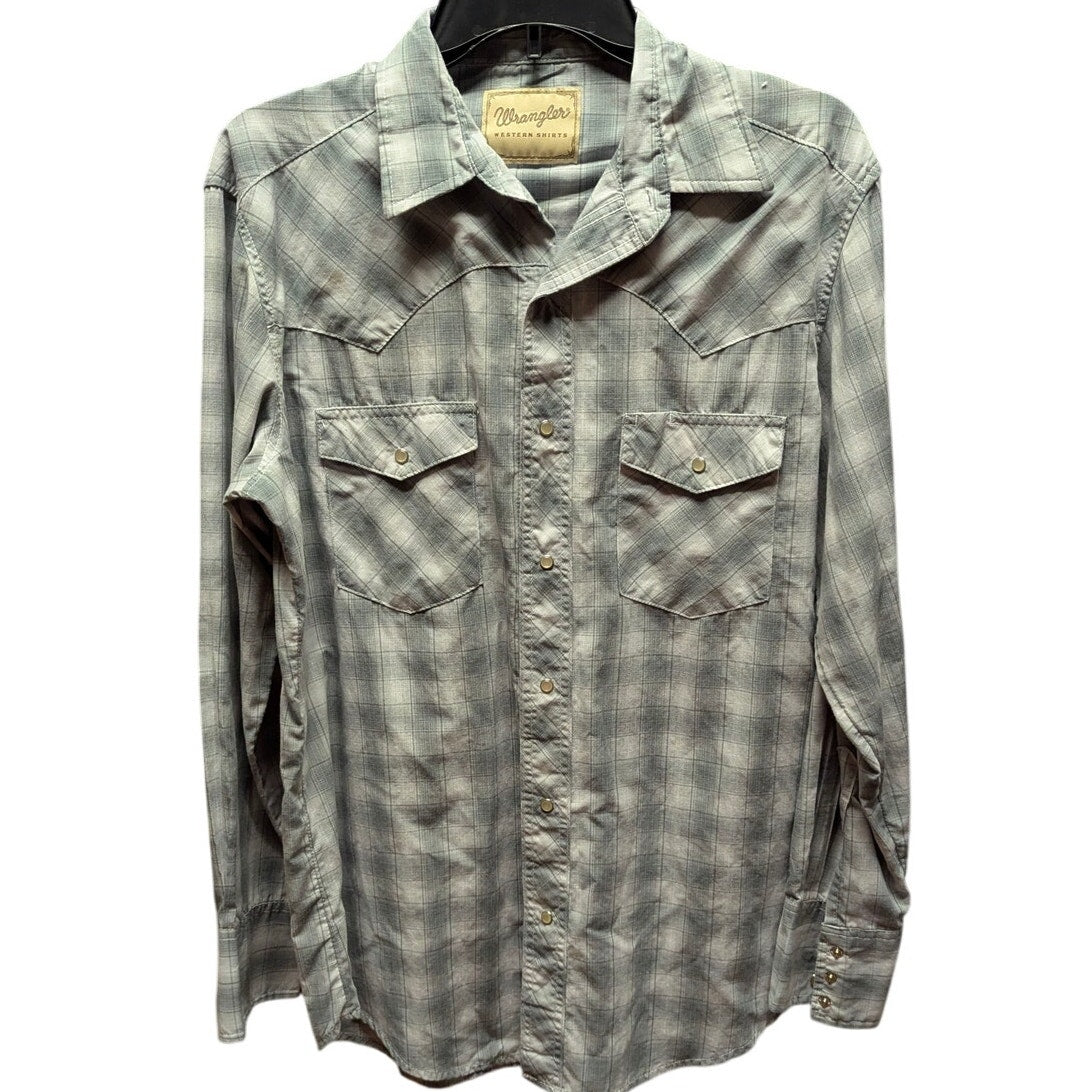 Wrangler Vintage Plaid Pearl Snap Western Shirt Gray White Cowboy Country Mens