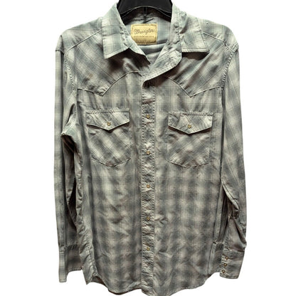 Wrangler Vintage Plaid Pearl Snap Western Shirt Gray White Cowboy Country Mens