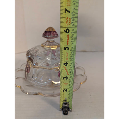Vintage Mosser Glass Cherry & Cable Butter Dish Clear Pressed Gold Trim 5.5"
