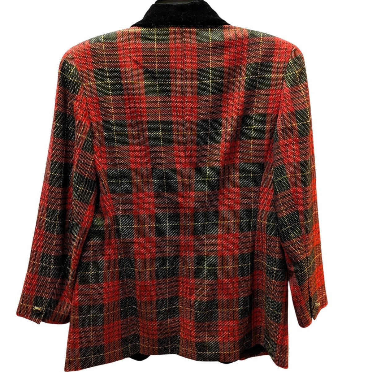 Vintage Anne Klein II Red Tartan Plaid Velvet Collar Blazer 8 Petite Wide lapel
