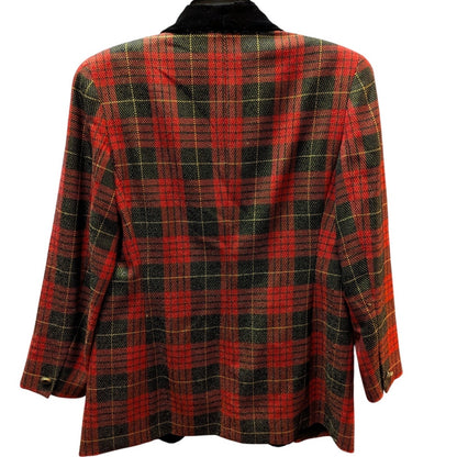 Vintage Anne Klein II Red Tartan Plaid Velvet Collar Blazer 8 Petite Wide lapel