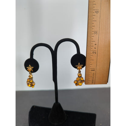 Celestial Vintage Star Amber Rhinestone Chandelier Dangle Screw Back Earrings