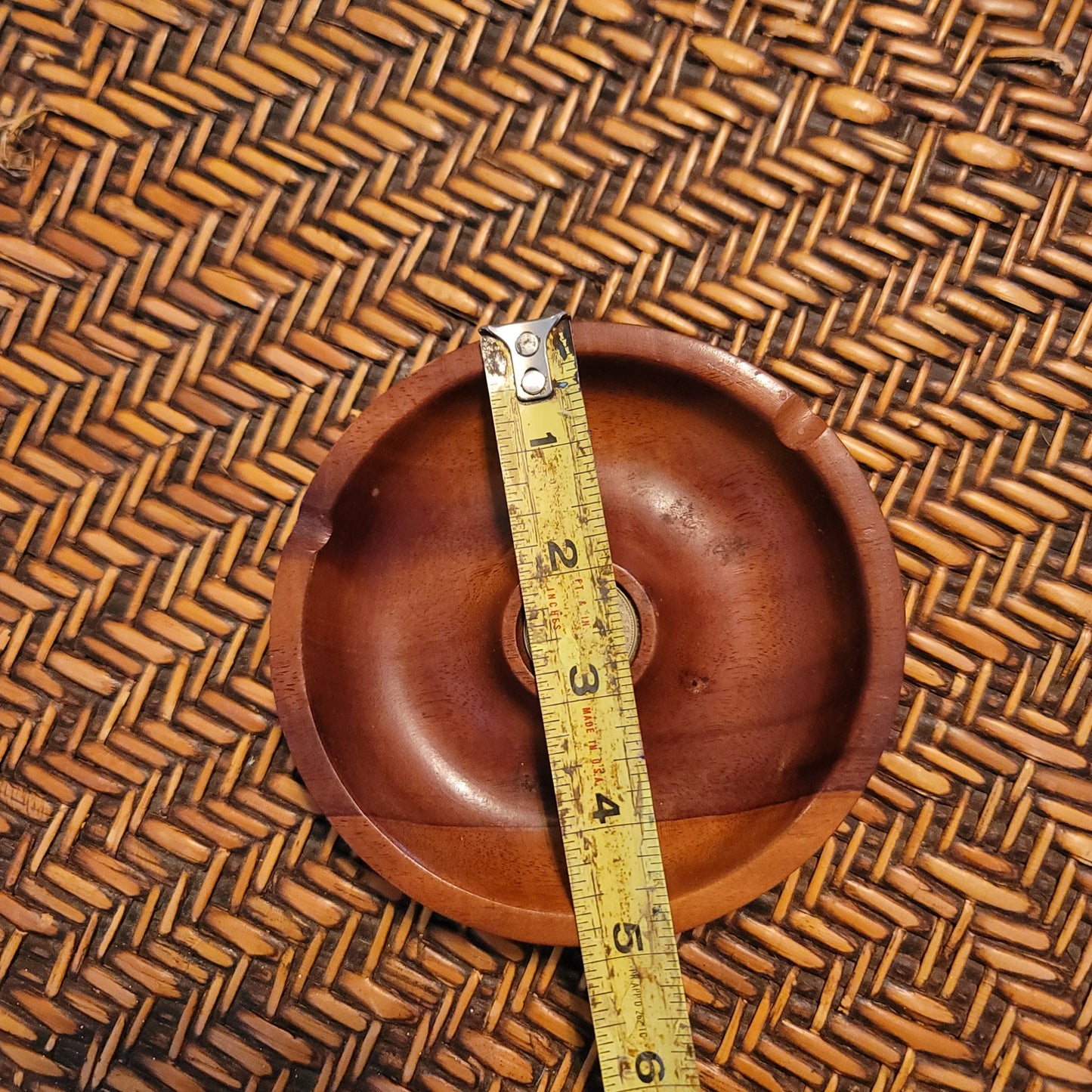 Costa Rica Wood Ashtray vintage with 1980 silver coin 5" wide