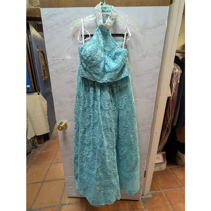 Sherri Hill 2 pc. halter top w/ maxi skirt teal aqua pearls 51020 Top 8 Skirt 0