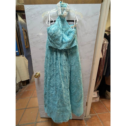 Sherri Hill 2 pc. halter top w/ maxi skirt teal aqua pearls 51020 Top 8 Skirt 0