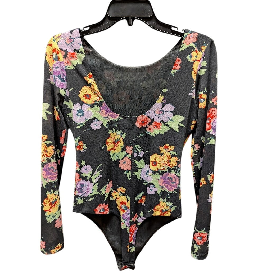 Wayf floral Black long sleeve Bodysuit scoop neck open back Size Small NEW