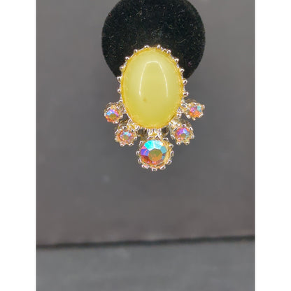 Vintage Yellow Oval Rhinestone Halo Dangle Drop Clip On Earrings