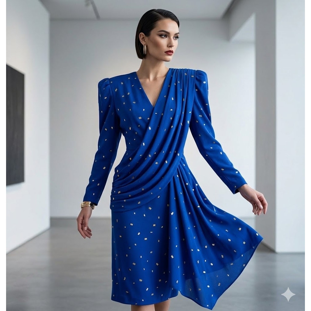 Vintage Nancy Bracoloni Size 14 Blue Gold Cocktail Dress Long Sleeve Sash Detail