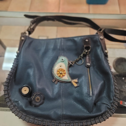 New Boho Whipstitch Chala Crossbody Bag Blue Vegan Leather Bird Charm Messenger