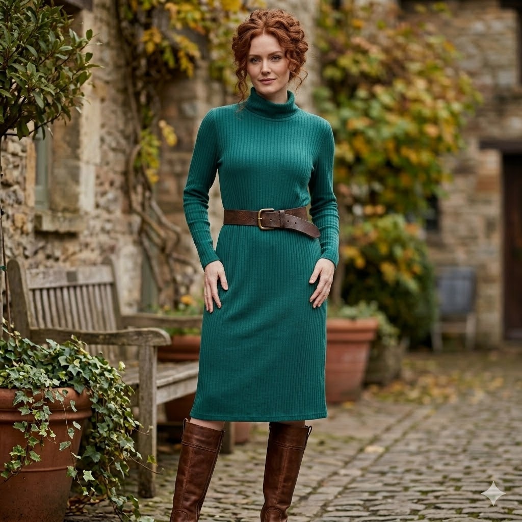 Vintage 80s Stylework Green Rib Knit Turtleneck Long Sleeve Sweater Dress Medium