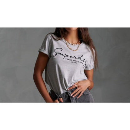 SUPERDRY Womens Alice Script Embroidered T-Shirt Gray Size12 NWT