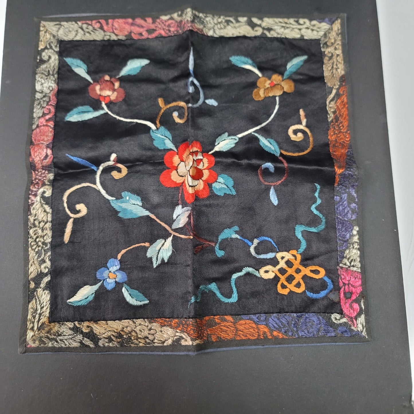 Vintage Chinese hand embroidery silk fabric placemat tapestry black floral