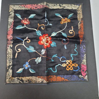 Vintage Chinese hand embroidery silk fabric placemat tapestry black floral