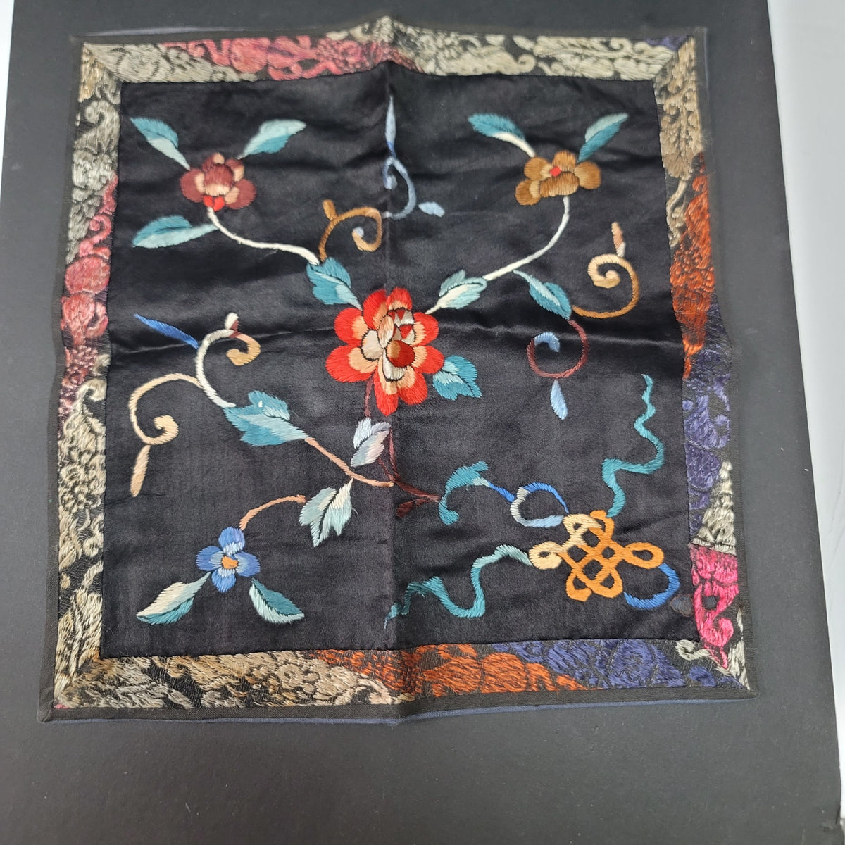 Vintage Chinese hand embroidery silk fabric placemat tapestry black floral