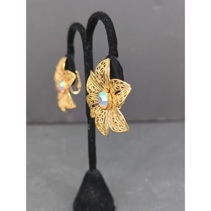 Vintage Gold Tone Filigree Floral AB Rhinestone Clip On Earrings Boho
