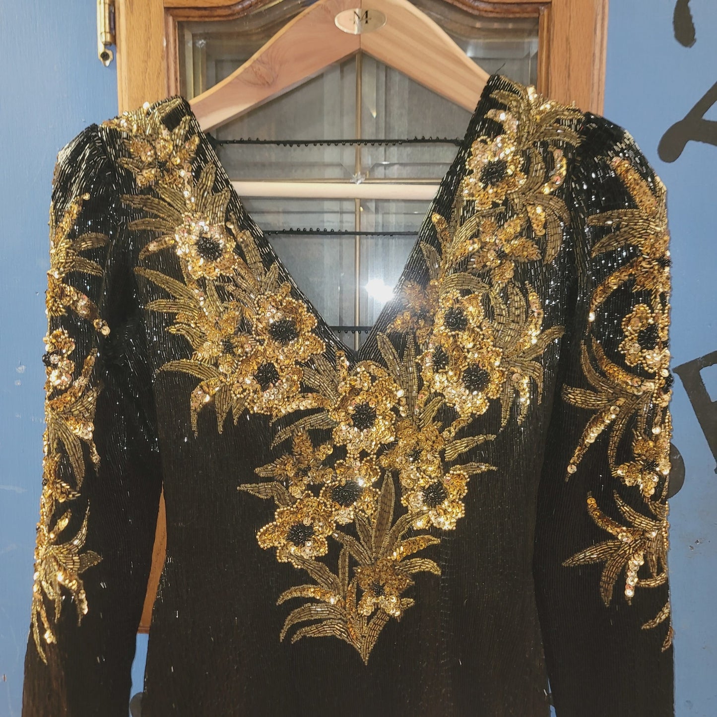 Sho Max SILK heavy beaded sequin dress 80s Vintage Formal SMALL gown Black Gold