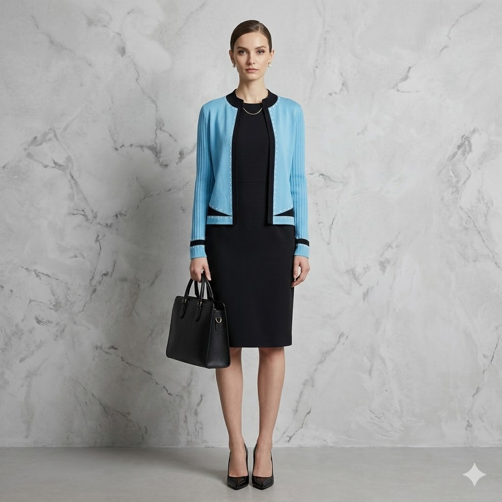 Ming Wang Blue & Black Studded White Dots Knit Jacket Size Small Cardigan